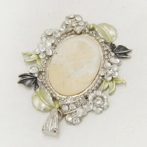 Victorian Antique Inspired Woman Floral Floral Silver Necklace Pendant